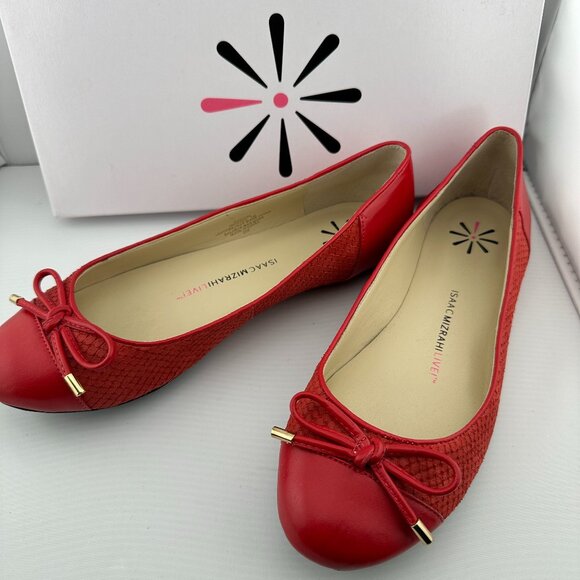 ISAAC MIZRAHI LIVE! Red Leather Ballet Flats with Bow – Size 7M - Picture 1 of 8